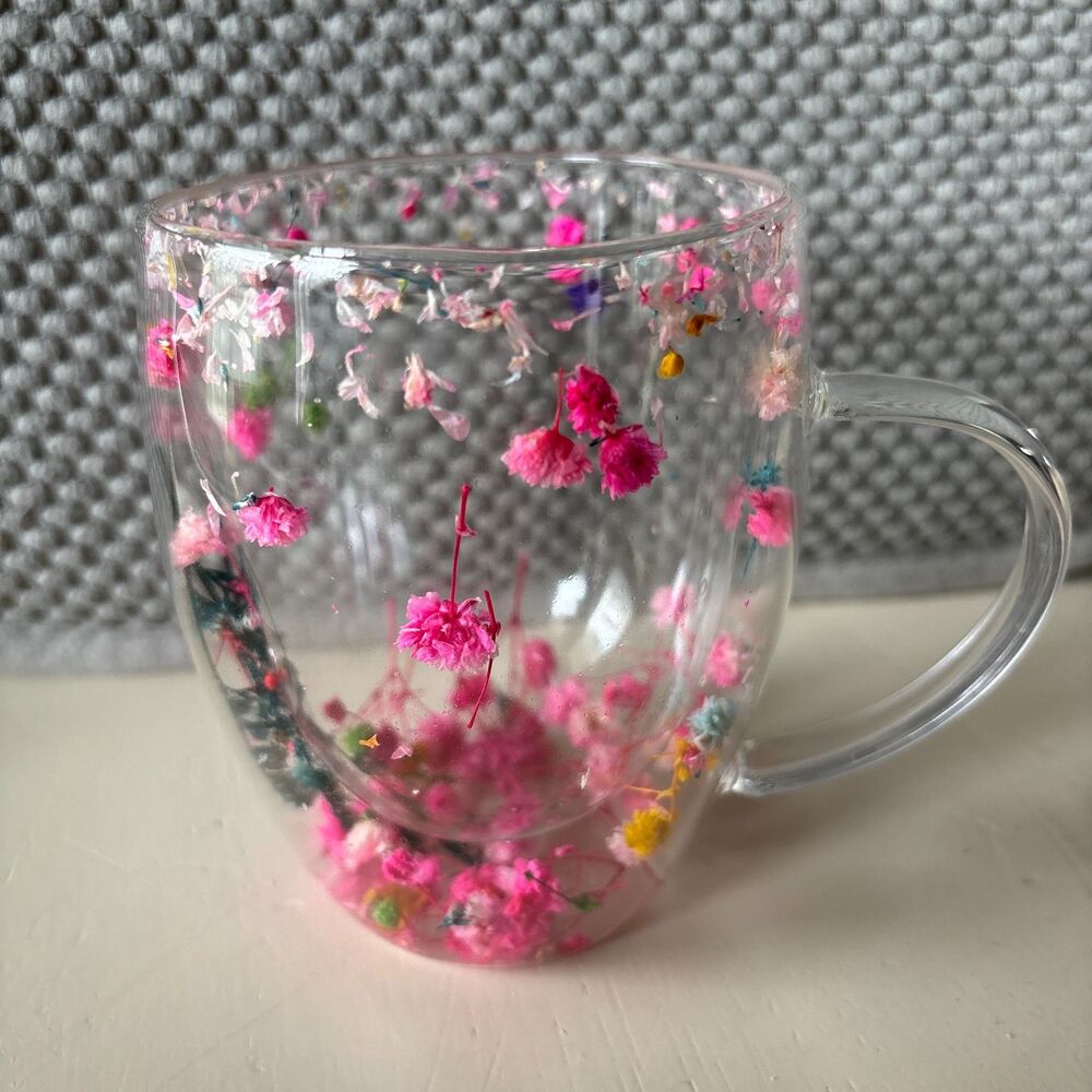 Creative Cup 350 ml Double Wall Clear Glass Pink Dried Flowers Insulted Tea Cup